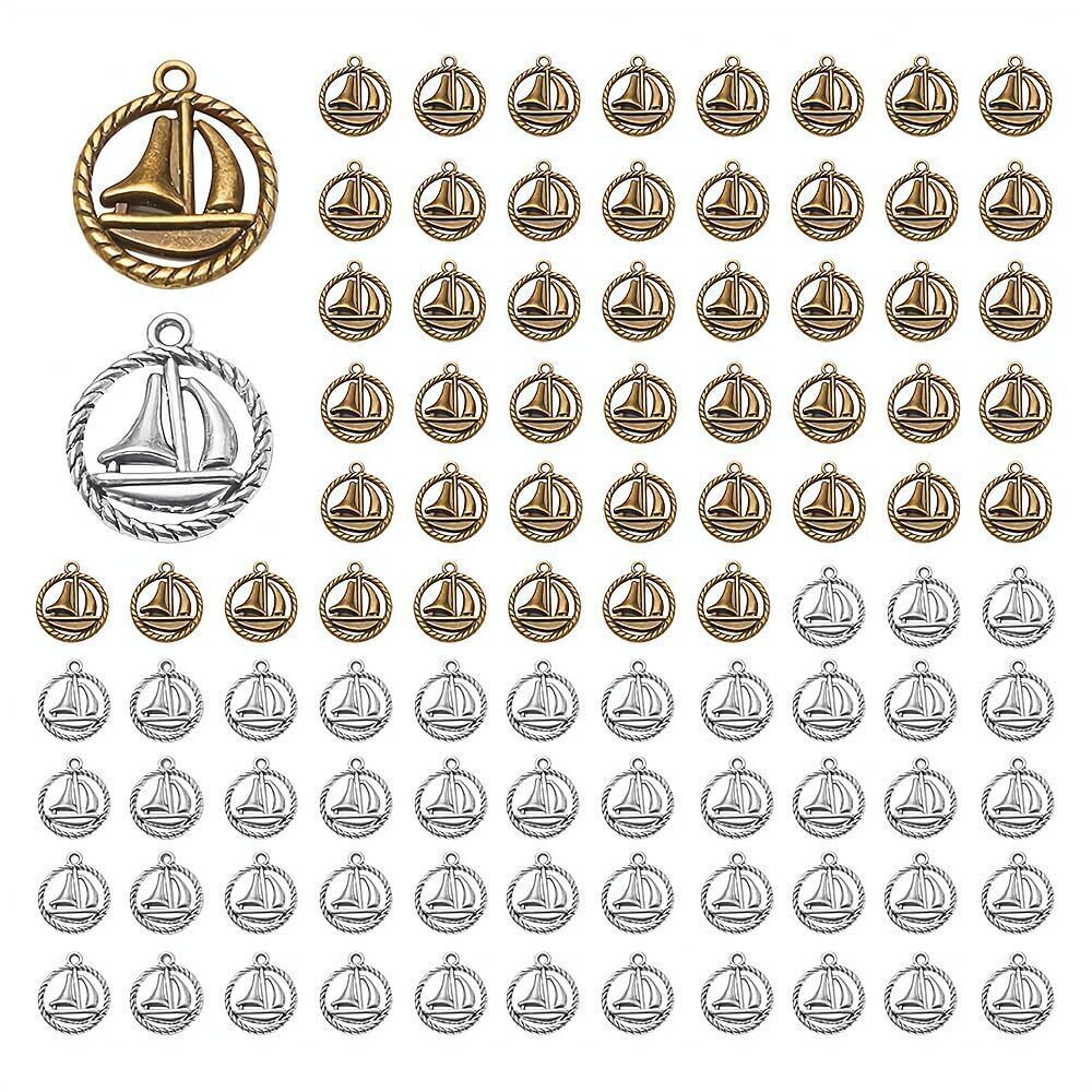 3061 100Pcs Sail Boat Charms Sail Boat Pendants Antiqued Silver Tone Double